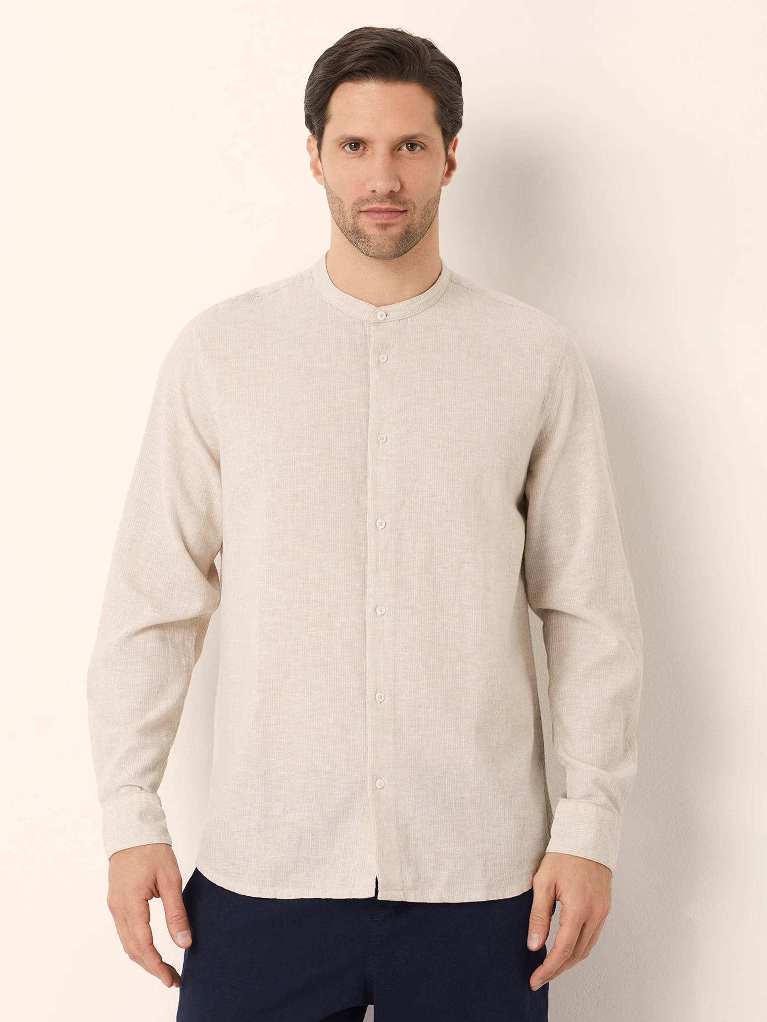 Camicia da uomo con colletto alla coreana Cotton Linen - Image 7
