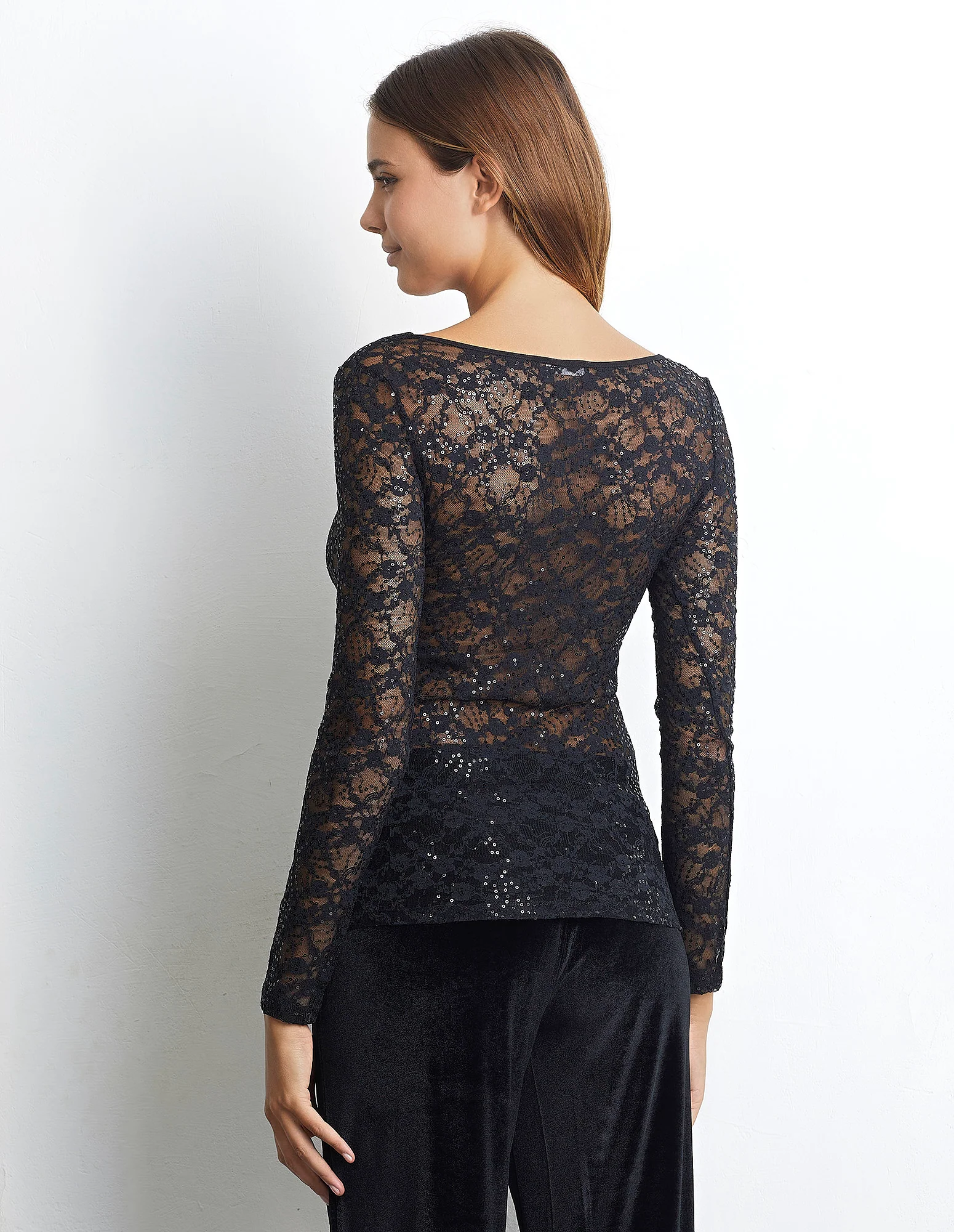 Maglia manica lunga in pizzo con paillettes Sparkling Lace - Image 3