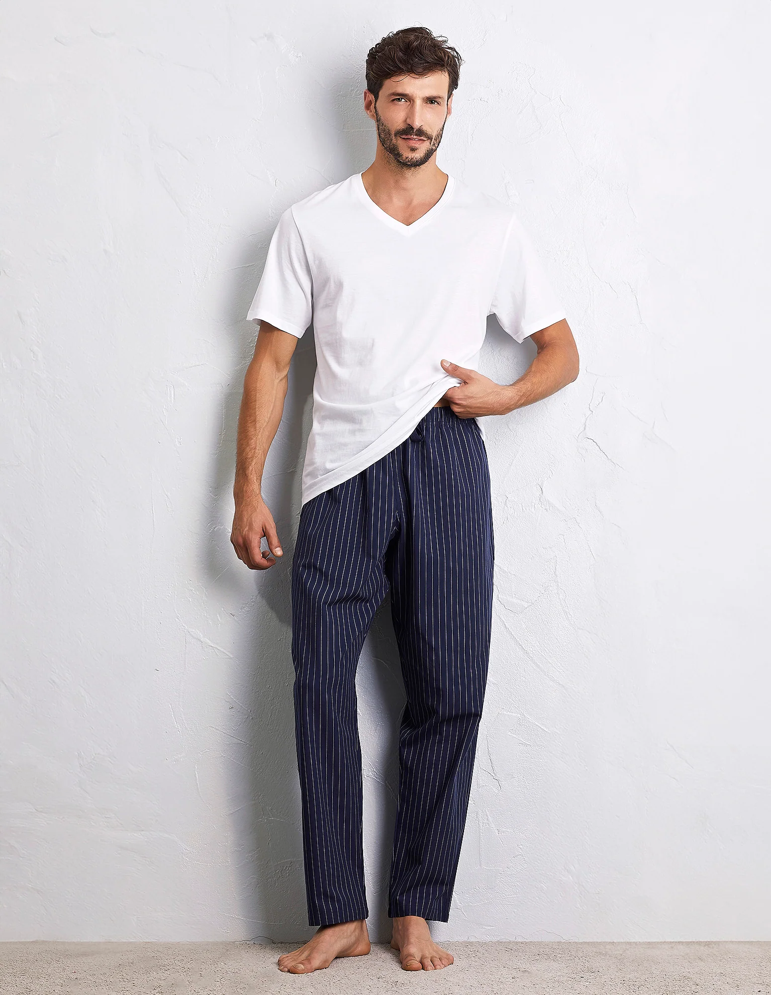 Pantalone lungo in tela tinto filo regolabile in vita in cotone Mix & Match