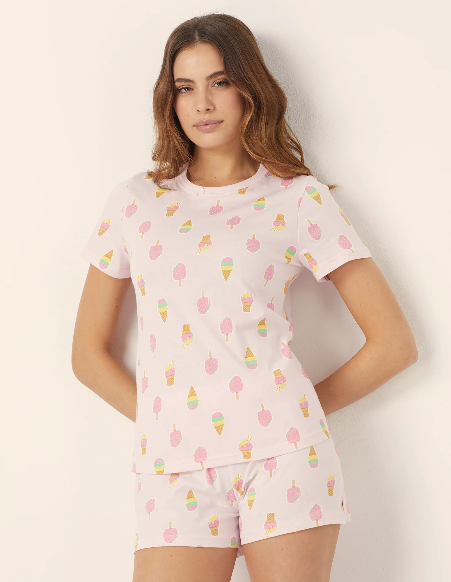 Pigiama corto con maglia girocollo con coni gelato all-over Sweet Summer